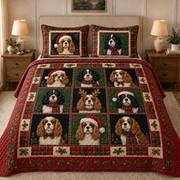 Cavalier King Charles Spaniel Christmas Quilt Bedding Set, Christmas Dog Bedspread, Plaid Holiday Bedroom Decor