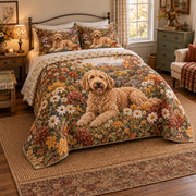 Autumn Doodle Garden Goldendoodle Cottage Floral Quilt Set, angled goldendoodle cottage floral bedroom view