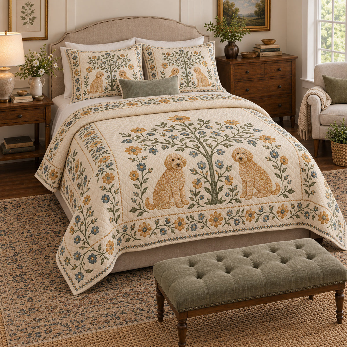 Two small goldendoodles sit on opposite sides of a flowering folk tree, framed by cream, sage and golden leaf motifs on a quilt set with two matching shams, angled view.