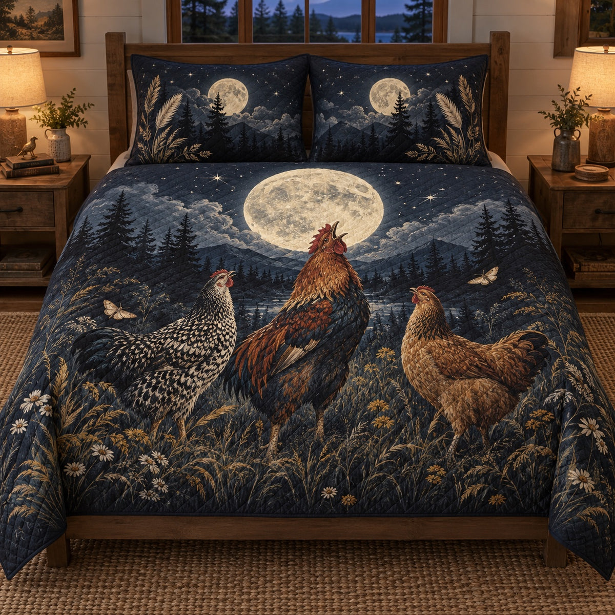 Howling Moon Chicken Quilt Set, front Hen bedroom view