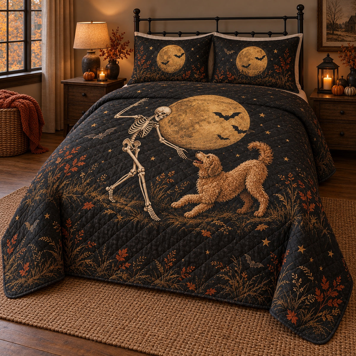 Moon Dance Doodle Goldendoodle Halloween Quilt Set, angled Goldendoodle bedroom view