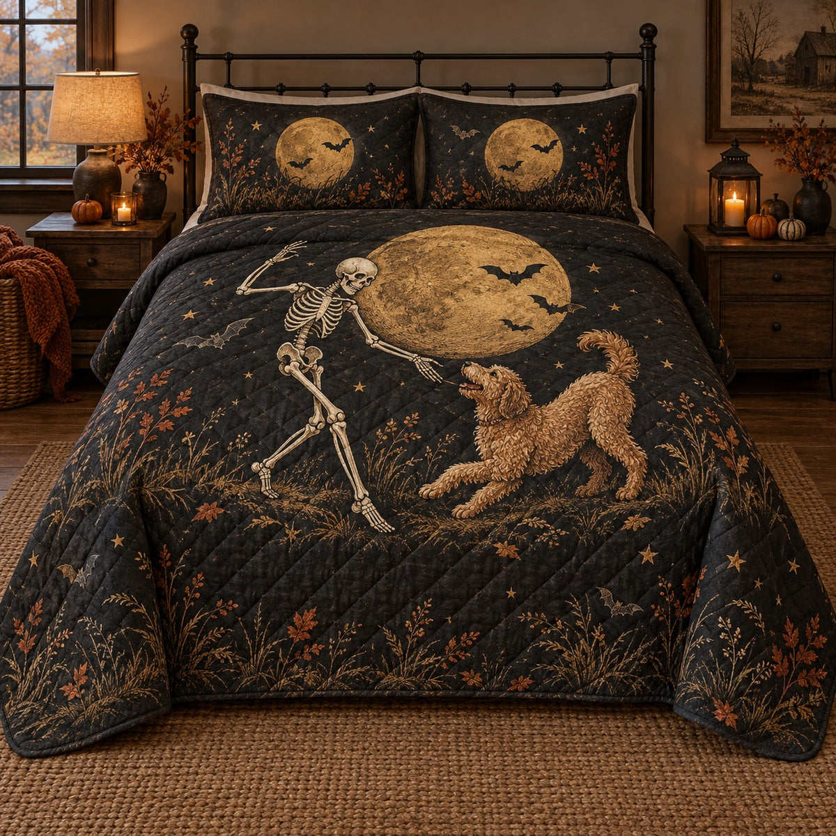 Moon Dance Doodle Goldendoodle Halloween Quilt Set, front Goldendoodle bedroom view