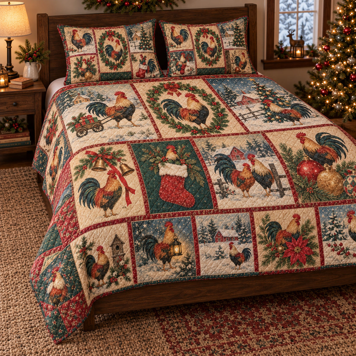 Vintage Christmas Rooster Postcard Quilt Set, angled rooster bedroom view