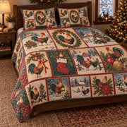 Vintage Christmas Rooster Postcard Quilt Set, angled rooster bedroom view