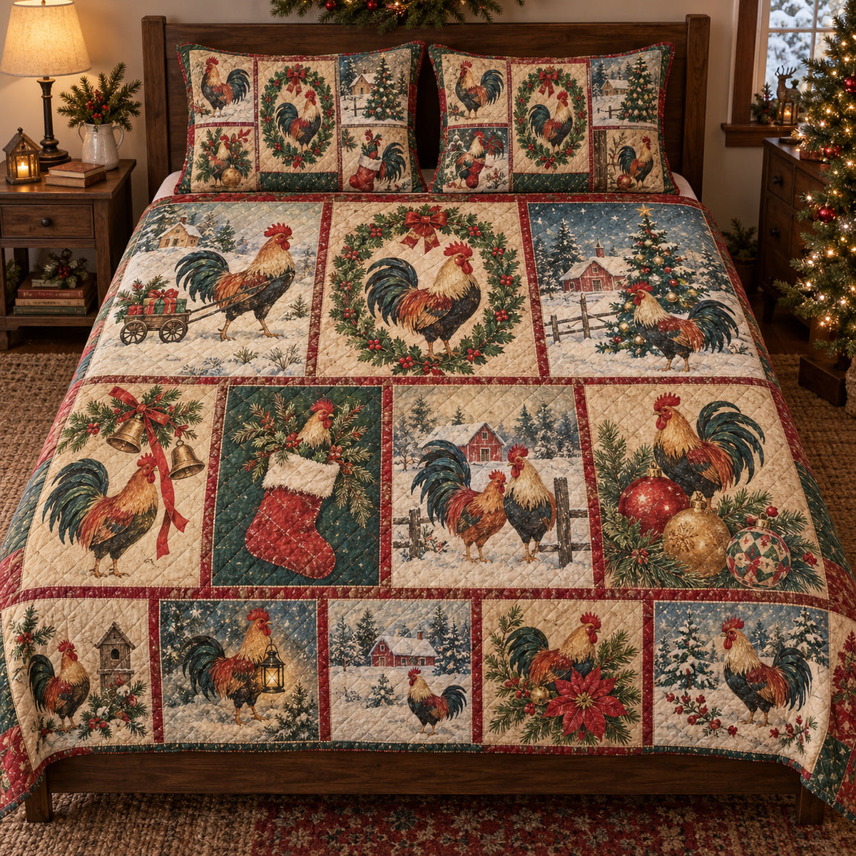 Vintage Christmas Rooster Postcard Quilt Set, front rooster bedroom view