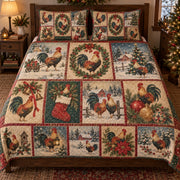 Vintage Christmas Rooster Postcard Quilt Set, front rooster bedroom view