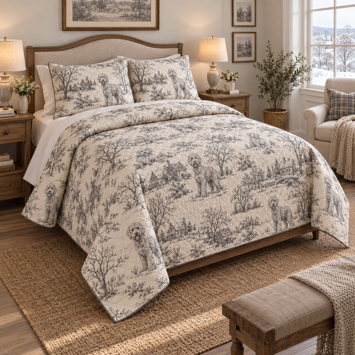 Winter Village Toile Goldendoodle Country Toile Quilt Set, angled goldendoodle country toile bedroom view