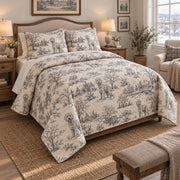 Winter Village Toile Goldendoodle Country Toile Quilt Set, angled goldendoodle country toile bedroom view