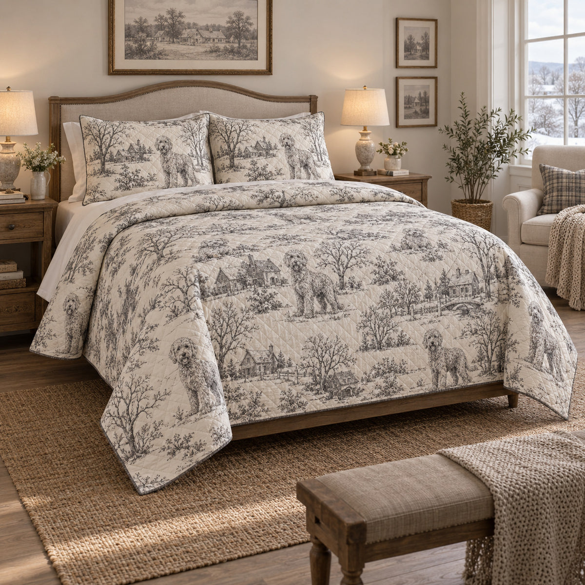 Winter Village Toile Goldendoodle Country Toile Quilt Set, front goldendoodle country toile bedroom view
