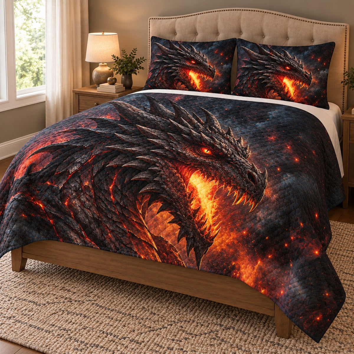 Fire Breathing Black Dragon Quilt Set: angled bedroom view showing the quilt artwork and coordinating shams