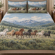 Close view of the Wild Horse Mountain Landscape quilt artwork and two matching shams