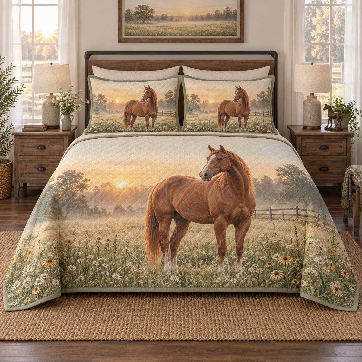 Meadow at Dawn American Quarter Horse Quilt Set, front american quarter horse bedroom view