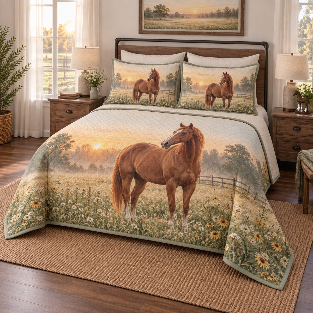 Meadow at Dawn American Quarter Horse Quilt Set, angled american quarter horse bedroom view