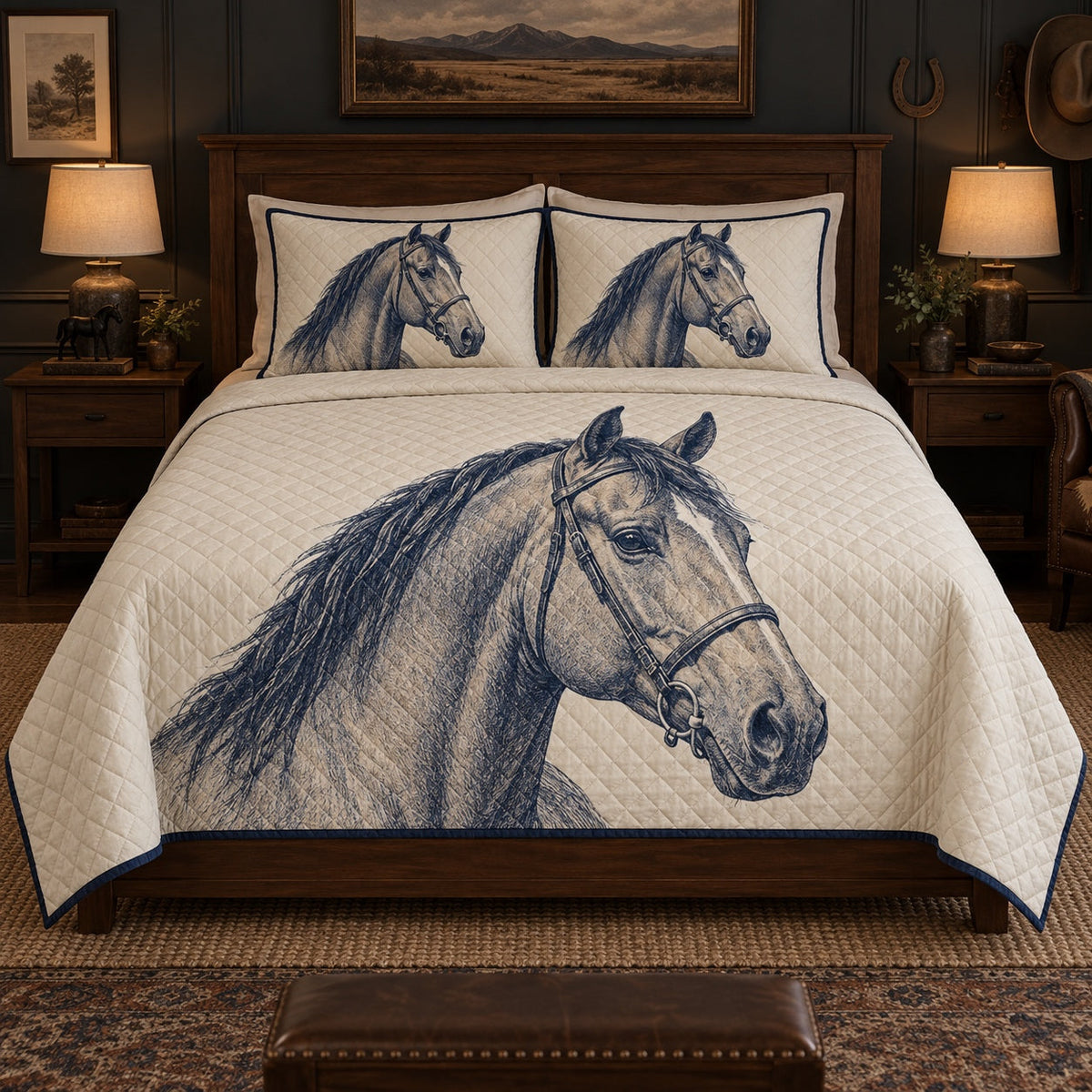 Indigo Bridle Study American Quarter Horse Quilt Set, front american quarter horse bedroom view
