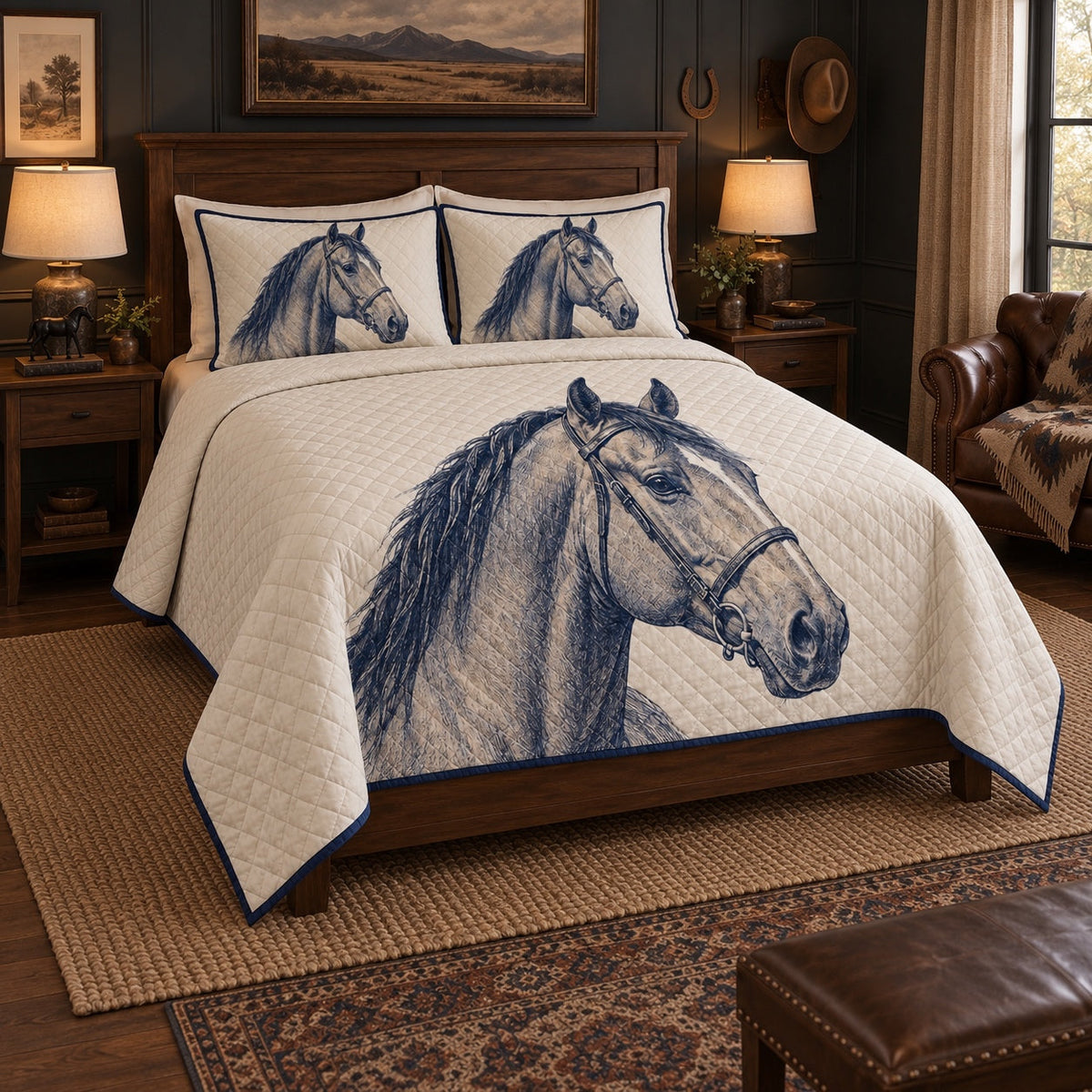 Indigo Bridle Study American Quarter Horse Quilt Set, angled american quarter horse bedroom view