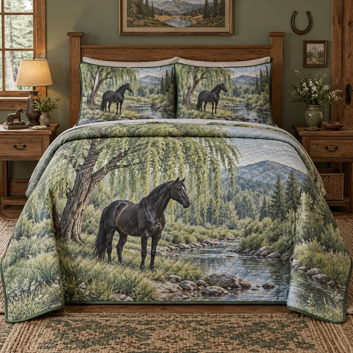 Willow Creek Horse American Quarter Horse Quilt Set, front american quarter horse bedroom view