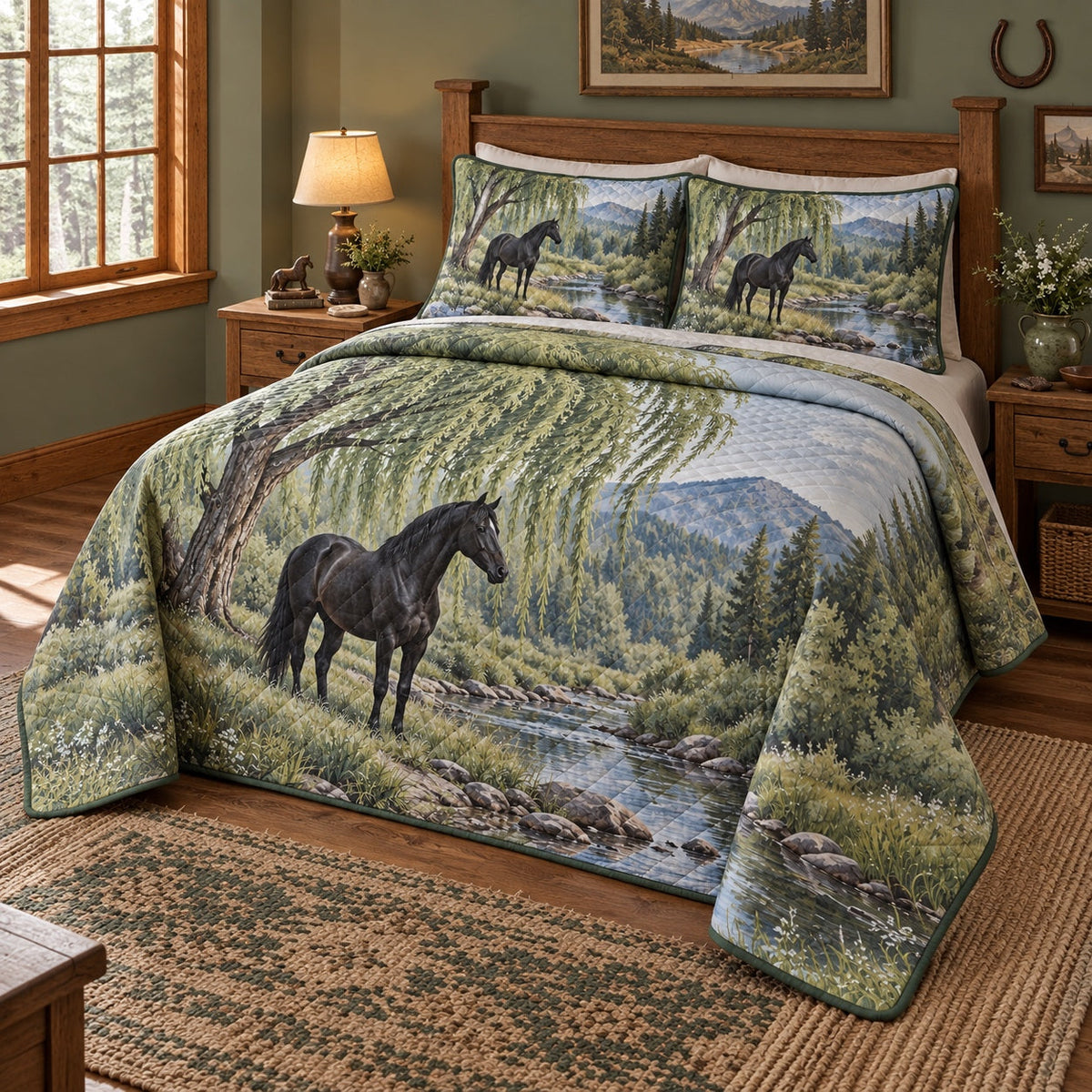 Willow Creek Horse American Quarter Horse Quilt Set, angled american quarter horse bedroom view
