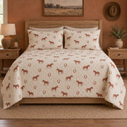 Terracotta Hoofprints American Quarter Horse Quilt Set, front american quarter horse bedroom view