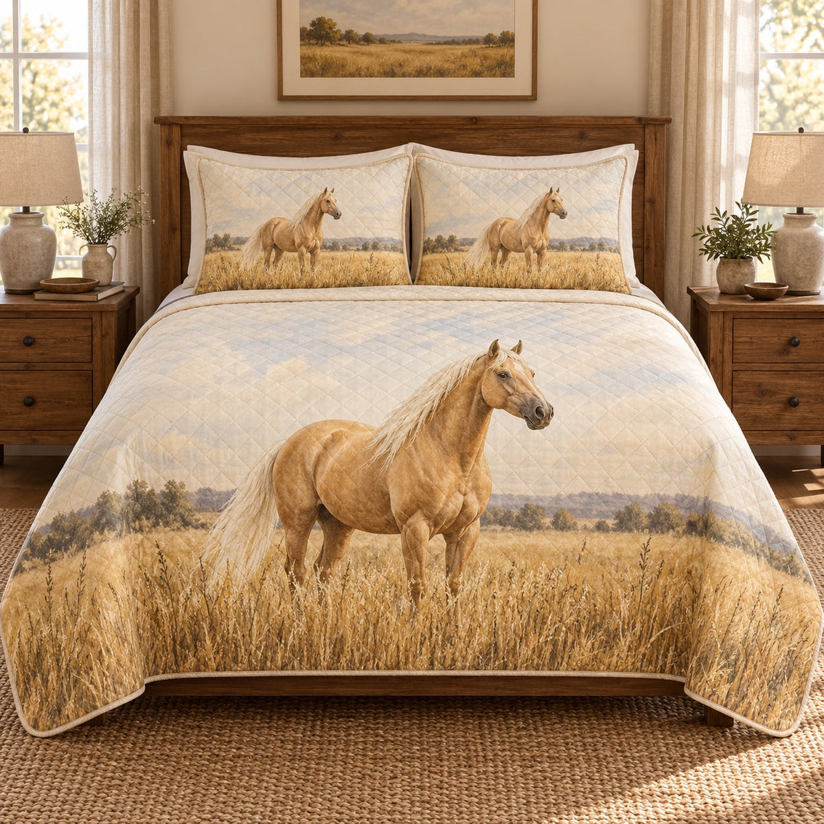 Golden Pasture American Quarter Horse Quilt Set, front american quarter horse bedroom view