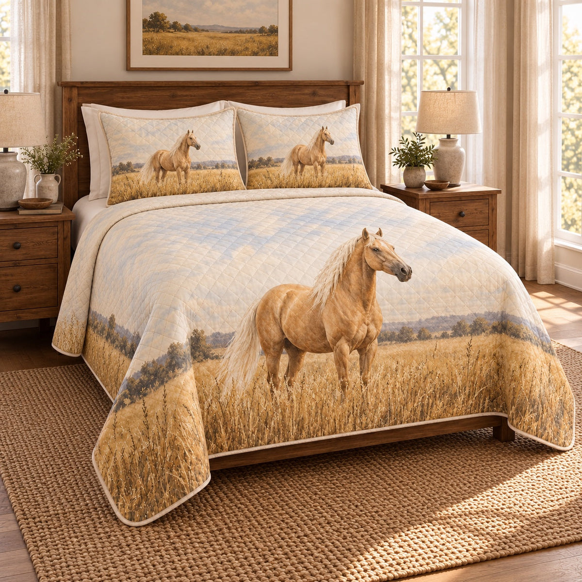 Golden Pasture American Quarter Horse Quilt Set, angled american quarter horse bedroom view