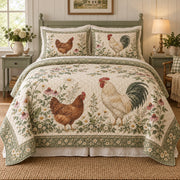 Cottage Hen Garden Chicken and Rooster Quilt Set, front chicken and rooster bedroom view