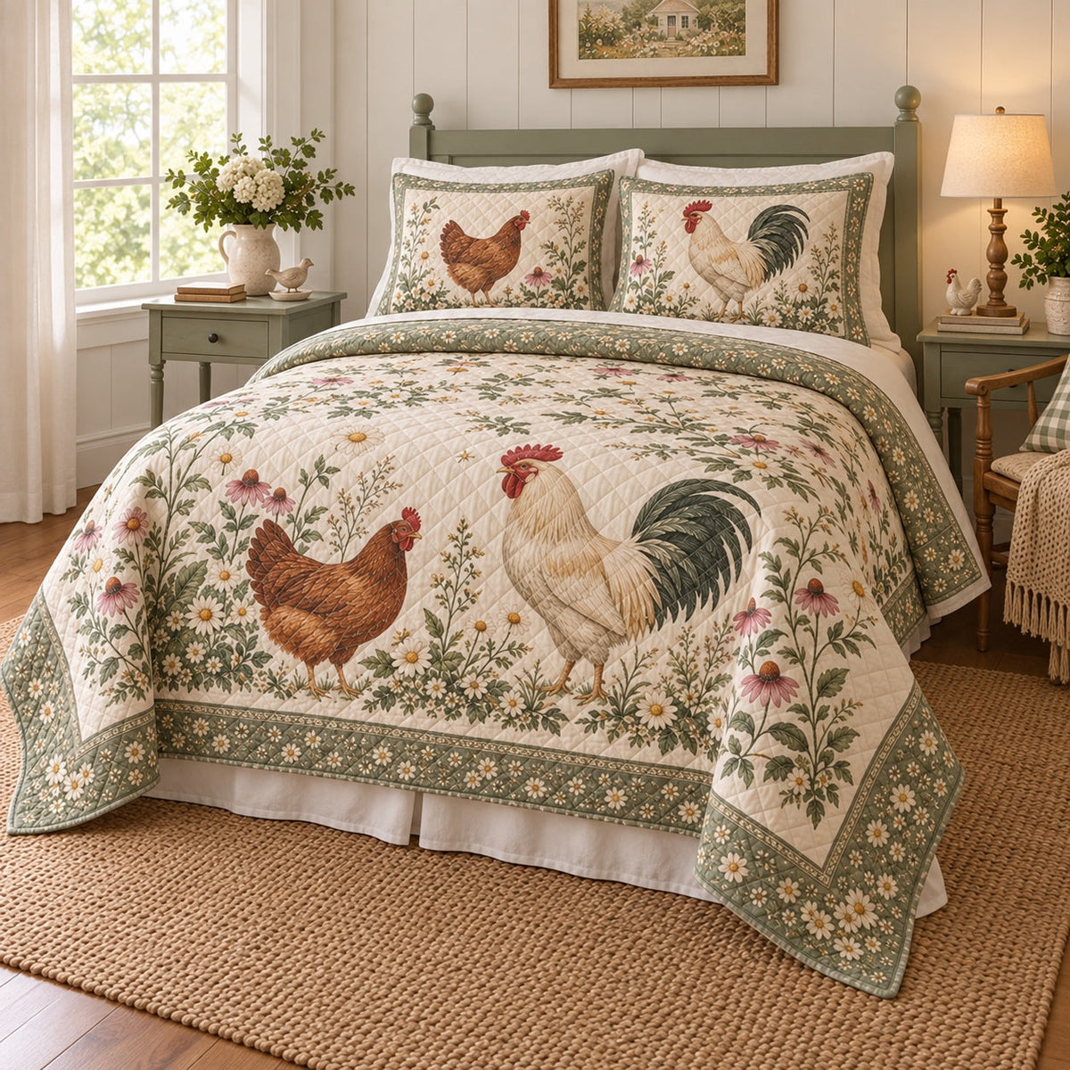 Cottage Hen Garden Chicken and Rooster Quilt Set, angled chicken and rooster bedroom view