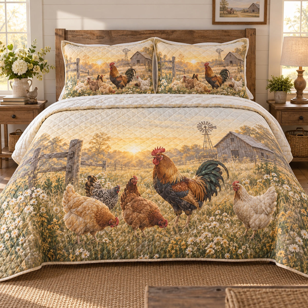 Morning Coop Chicken and Rooster Quilt Set, front chicken and rooster bedroom view