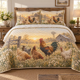 Morning Coop Chicken and Rooster Quilt Set