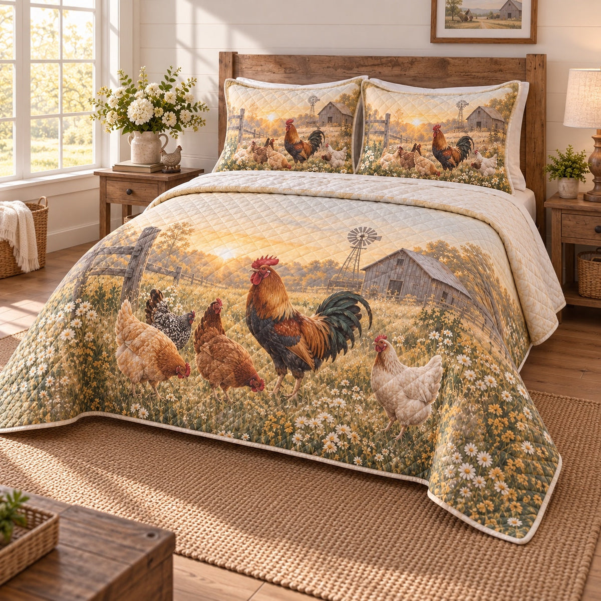 Morning Coop Chicken and Rooster Quilt Set, angled chicken and rooster bedroom view