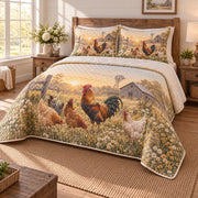 Morning Coop Chicken and Rooster Quilt Set, angled chicken and rooster bedroom view