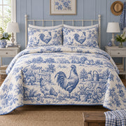 Blue Rooster Toile Chicken and Rooster Quilt Set, front chicken and rooster bedroom view
