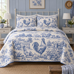 Blue Rooster Toile Chicken and Rooster Quilt Set