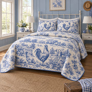 Blue Rooster Toile Chicken and Rooster Quilt Set, angled chicken and rooster bedroom view