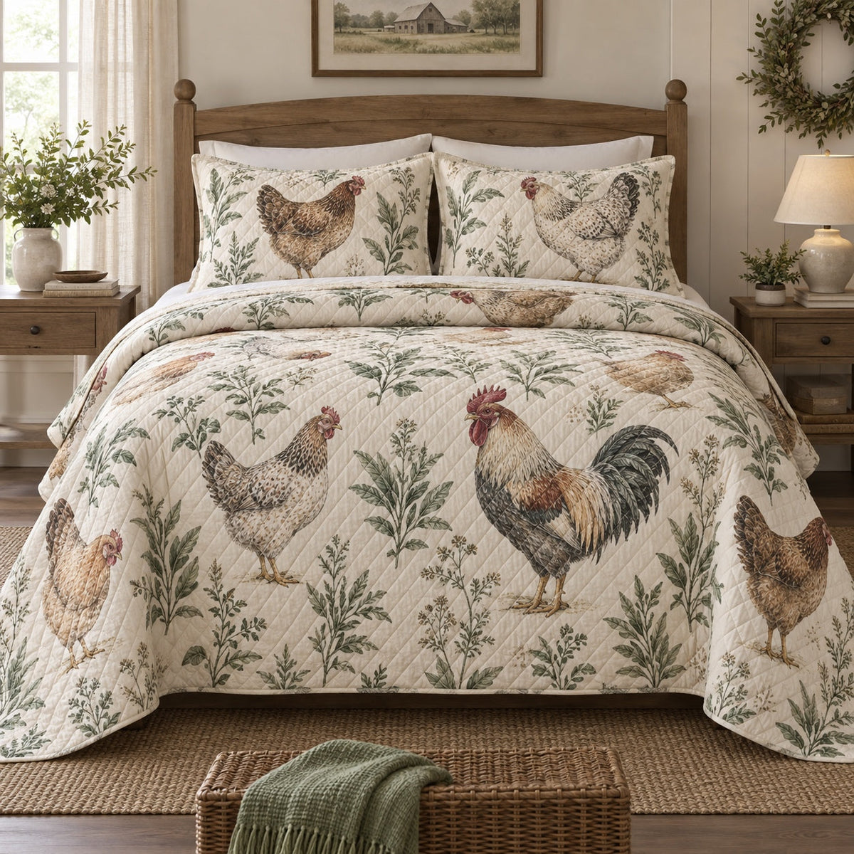 Sage Feather Study Chicken and Rooster Quilt Set, front chicken and rooster bedroom view