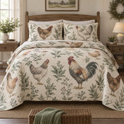 Sage Feather Study Chicken and Rooster Quilt Set, front chicken and rooster bedroom view