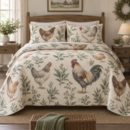 Sage Feather Study Chicken and Rooster Quilt Set