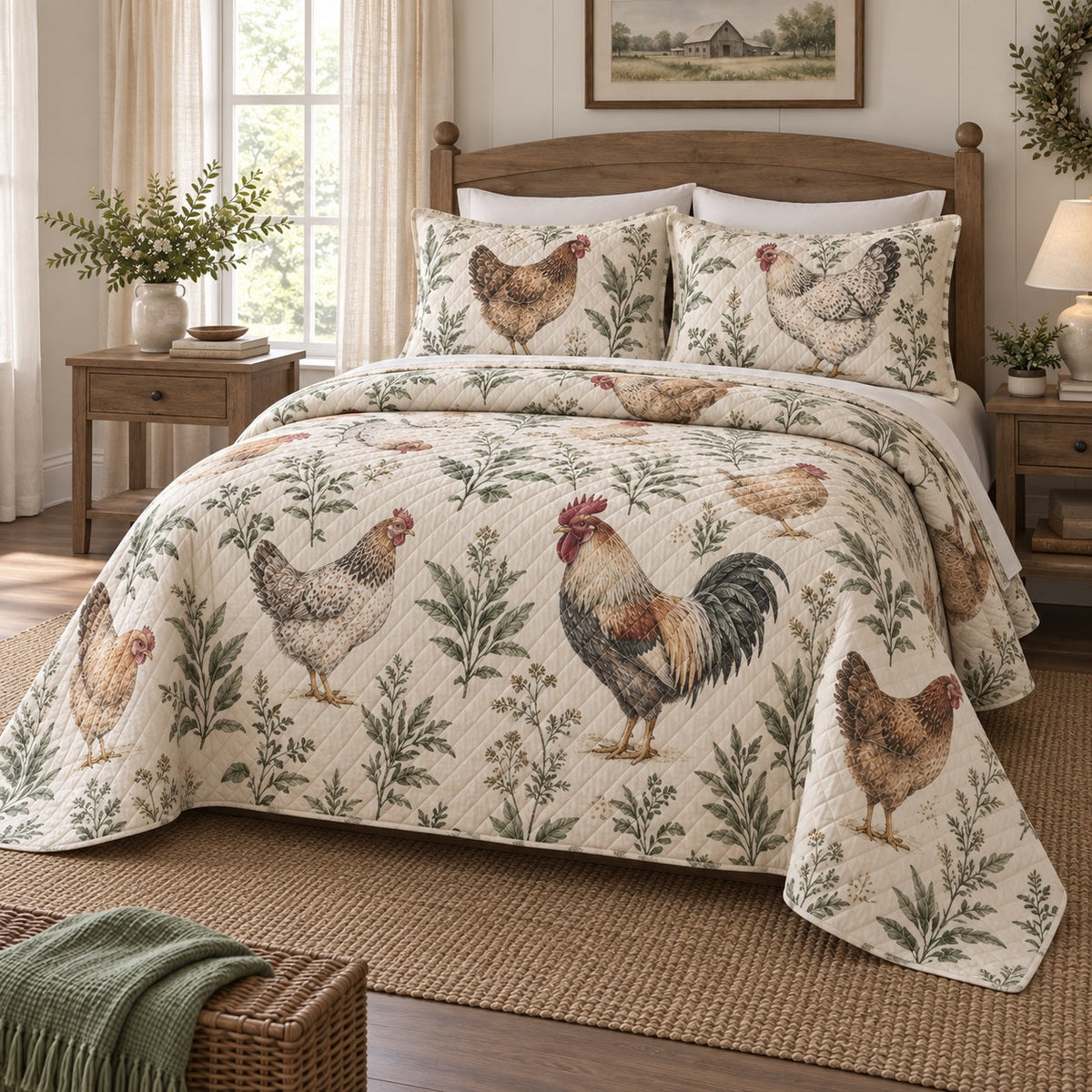 Sage Feather Study Chicken and Rooster Quilt Set, angled chicken and rooster bedroom view