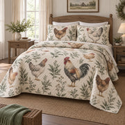Sage Feather Study Chicken and Rooster Quilt Set, angled chicken and rooster bedroom view