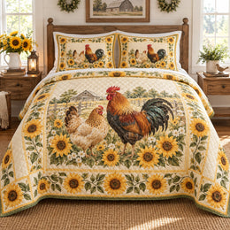 Sunflower Farm Pair Chicken and Rooster Quilt Set