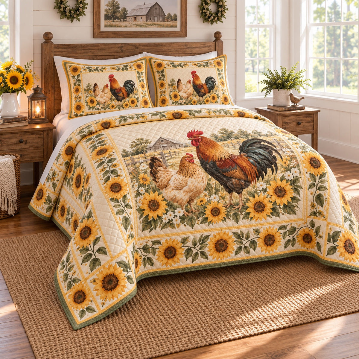 Sunflower Farm Pair Chicken and Rooster Quilt Set, angled chicken and rooster bedroom view