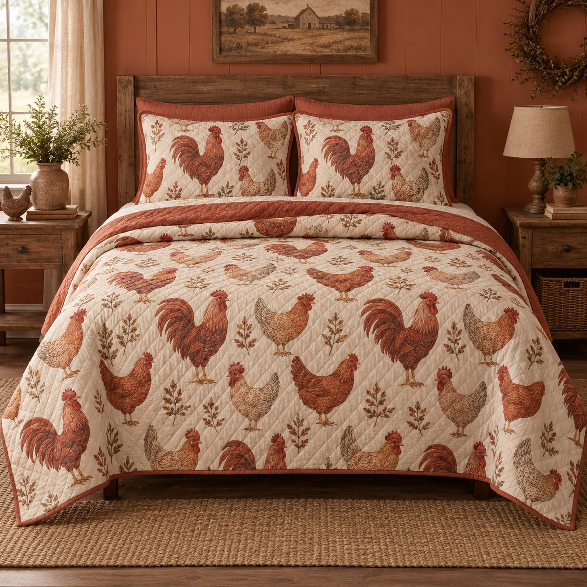 Terracotta Coop Chicken and Rooster Quilt Set, front chicken and rooster bedroom view