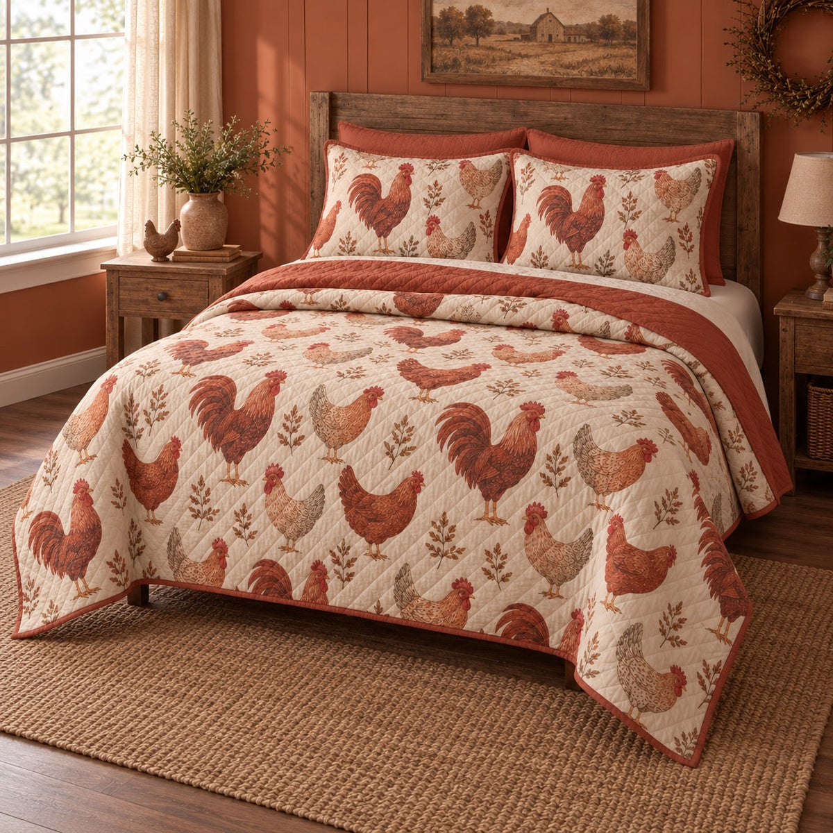 Terracotta Coop Chicken and Rooster Quilt Set, angled chicken and rooster bedroom view