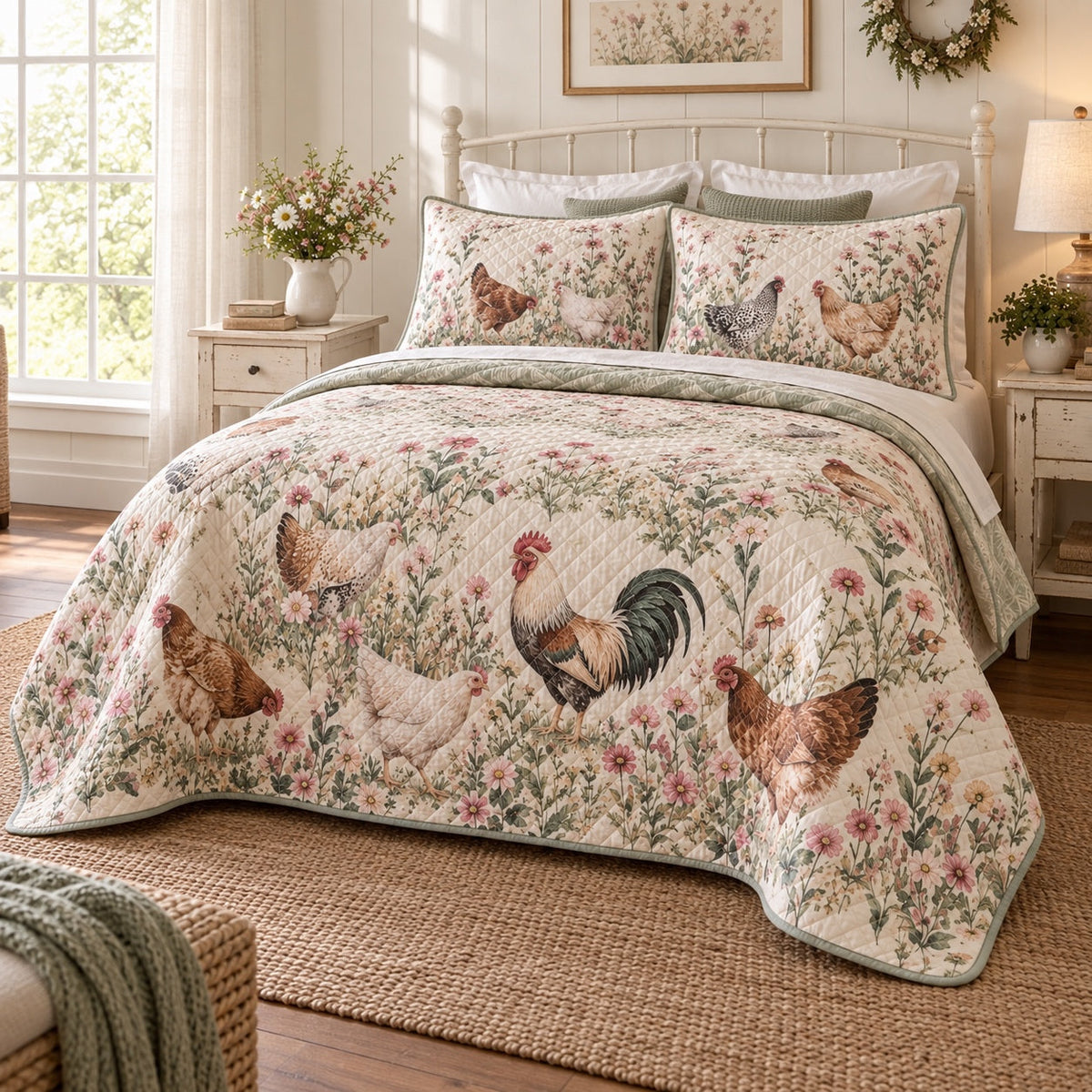 Wildflower Peck Chicken and Rooster Quilt Set, angled chicken and rooster bedroom view