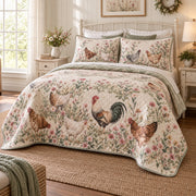 Wildflower Peck Chicken and Rooster Quilt Set, angled chicken and rooster bedroom view