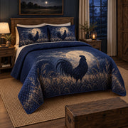 Midnight Rooster Chicken and Rooster Quilt Set, angled chicken and rooster bedroom view