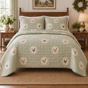 Gingham Garden Chicken and Rooster Quilt Set, front chicken and rooster bedroom view