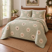 Gingham Garden Chicken and Rooster Quilt Set, angled chicken and rooster bedroom view