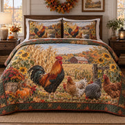 Harvest Flock Chicken and Rooster Quilt Set, front chicken and rooster bedroom view