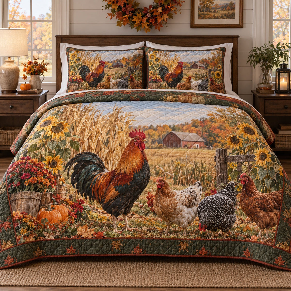 Harvest Flock Chicken and Rooster Quilt Set, front chicken and rooster bedroom view