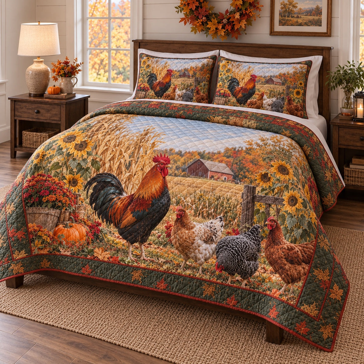 Harvest Flock Chicken and Rooster Quilt Set, angled chicken and rooster bedroom view
